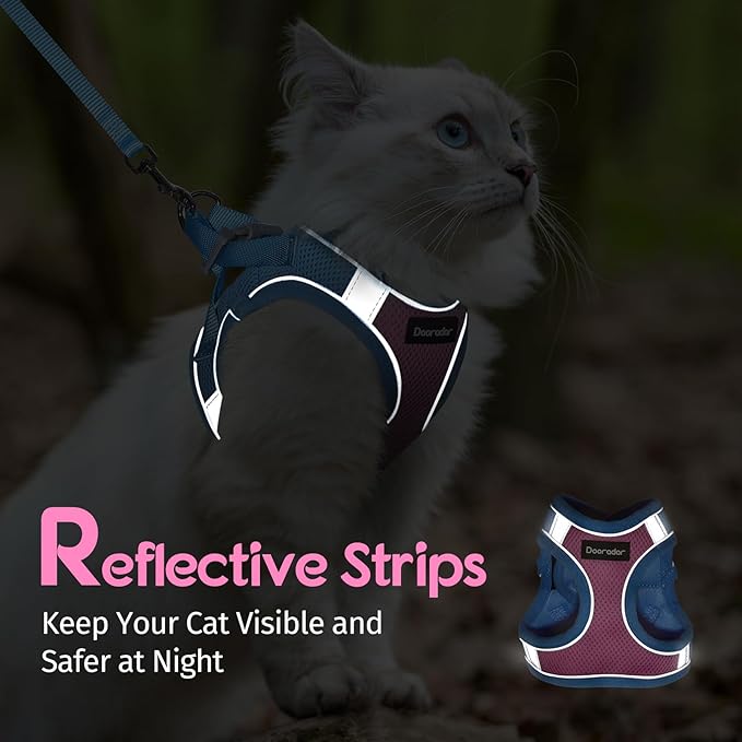 Dooradar Cat Harness and Leash Set, Escape Proof Lightweight Kitten Harness, Soft Breathable Reflective Vest for Outdoor Walking Traveling, Adjustable for Medium Cats, Pink & Blue, M