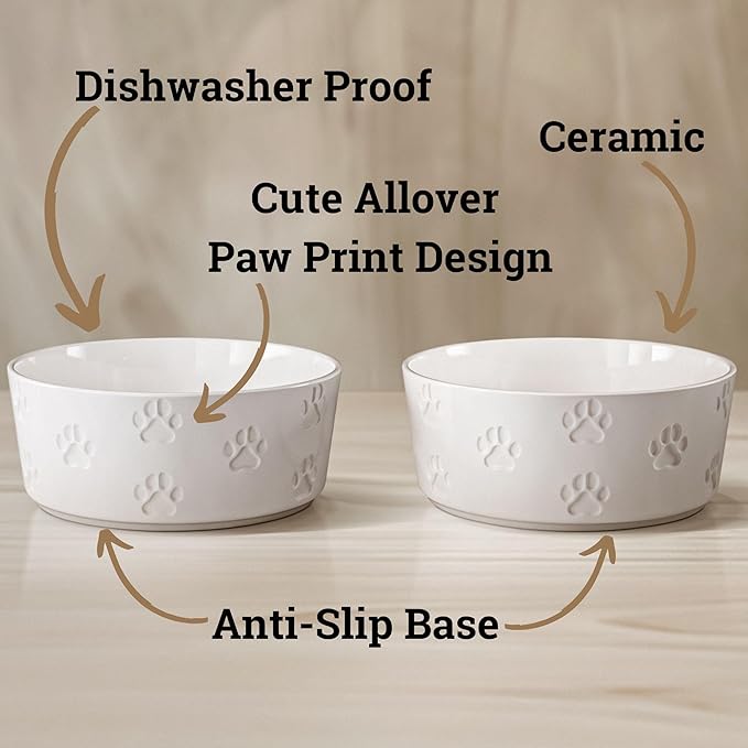 Ceramic Dog Bowl Set of 2 with Anti-Skid Base - 6.5" Wide x 2.5" Tall Ceramic Dog Bowls Medium Sized Dogs - 3.8 Cup Capacity Food and Water Bowls for Dogs - Rubber Bottom Pet Bowl Set of 2 Medium Size