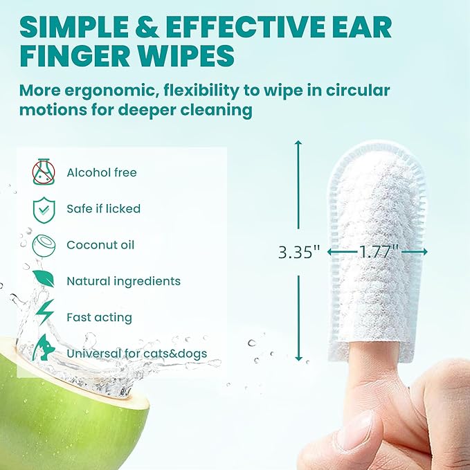 Wider Ear Cleaner Finger Wipes 60 Counts, Dog Ear Cleaner, Grooming Kit Care for Dogs and Cats,Otic Cleaning Pads, Remove Wax, Dirt & Stop Smelly, Itchy, Non-Irritating, Unscented