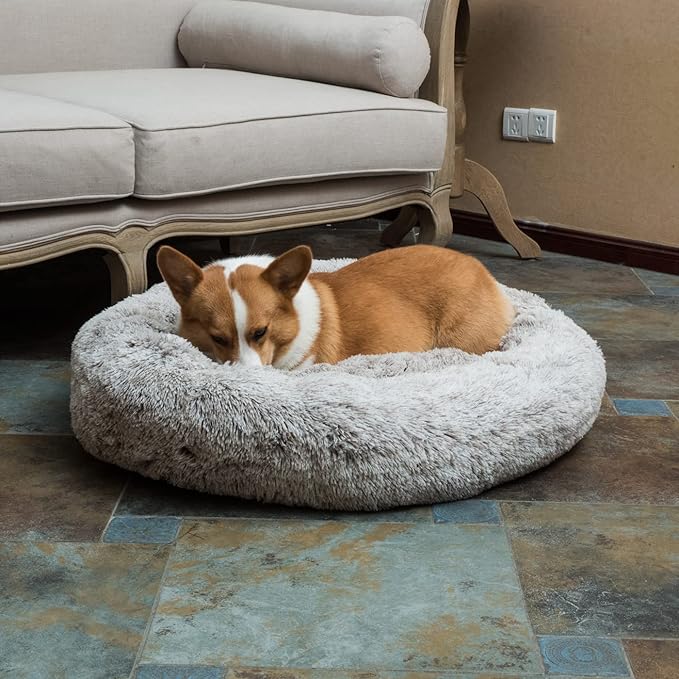 Coohom Oval Calming Donut Cuddler Dog Bed,Shag Faux Fur Cat Bed Washable Round Pillow Pet Bed(30"/36"/43") for Small Medium Dogs (L(30"x24"x8"),Light Brown)