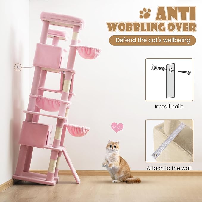 SHA CERLIN 81in Multi-Level Tall Cat Tree Tower for Indoor Kitties/Larger Cat Condo Furniture with Hammock/Cozy Pussycat Perches/Sisal Scratching Posts/Pet House/Wide Base/Pink
