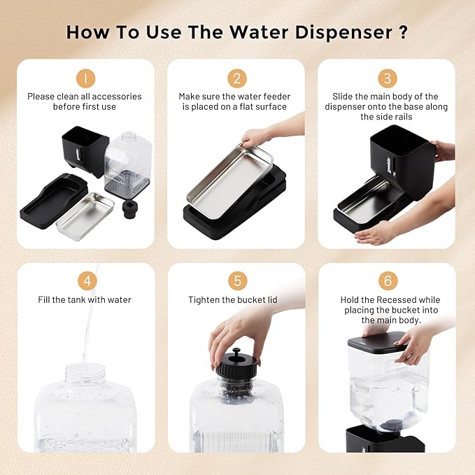 Automatic Cat and Dog Water Dispenser 6L with Stainless Steel Bowl, Gravity Water Bowl for Dogs Cats, 1.6 Gallon Pet Waterer 100% BPA Free, Black