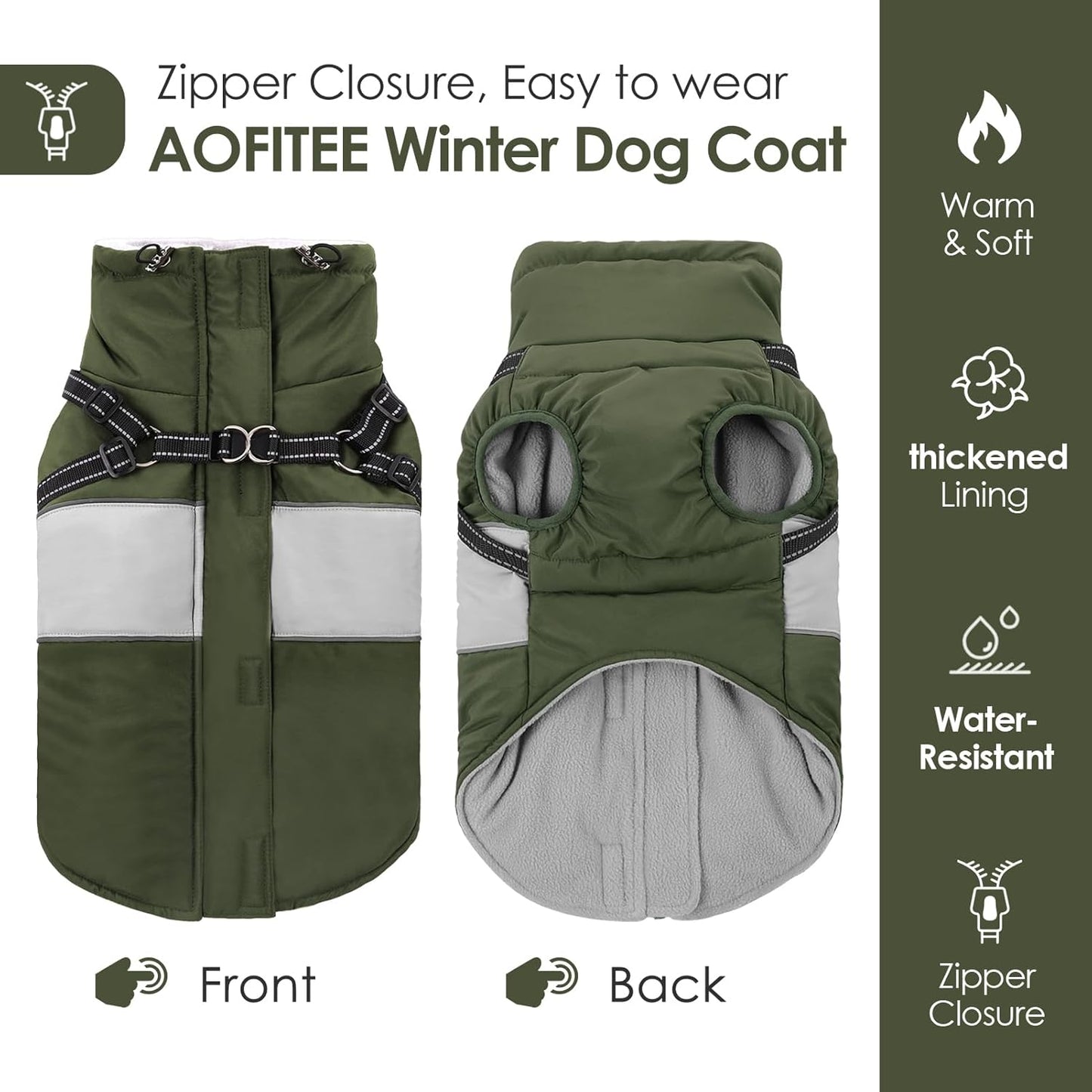 AOFITEE Dog Coat, Waterproof Dog Jacket Winter, Dogs Coat with Harness Built in, Warm Dogs Puffer Jacket with Zipper, Reflective Pet Snowsuit Sweater for Dachshund, French Bulldog, Boston Terrier, M