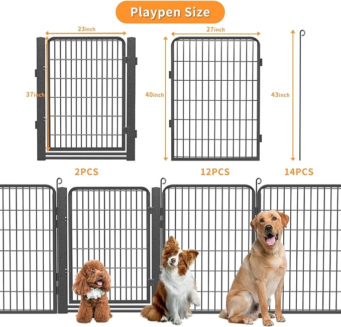 Dog Playpen with Low Threshold Gate, 40 inch 14 Panels Dog Fence, Heavy Duty Metal Exercise Large Dog Pen, Rust-Resistant Outdoor Pet Fence for Yard RV Camping