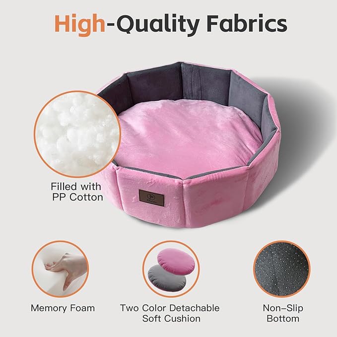 Cat Bed Kitten Bed, Washable Round Cat Beds for Indoor Cats, Super Soft Faux Rabbit Fur Small Kitten Bed for Puppy and kitten, Fluffy Inner Mat Filling Memory Foam with Anti-Slip Bottom (Pink)