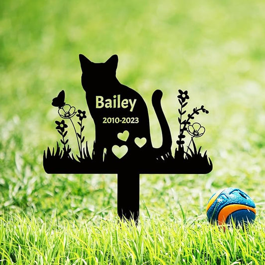 Custom Metal Cat Memorial Garden Stake Grave Marker, Personalized Flowers Cat Memorial Stake Grave Marker for Pet Grave Decor, Customized Cat Headstone Tombstone Outdoors Memorial Marker