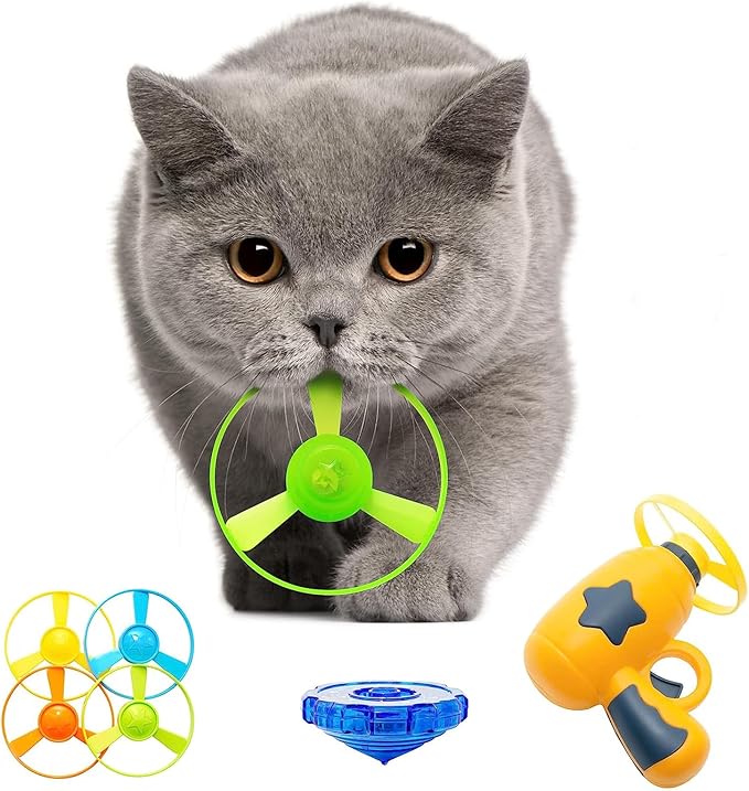 Cat Fetch Toys, Interactive Flying Cat Toy with 5 Flying Propellers,1Spinning Tops, Cat Dog Pet Tracks Chasing Toy for IndoorCats (Yellow)
