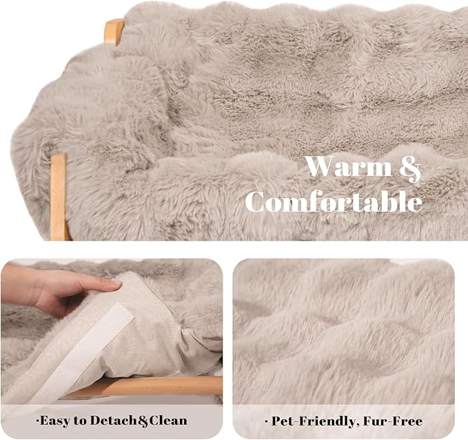 CHEERHOME PETS Elevated Cat Couch Bed for Indoor Cats, Wooden Cat Sofa with Removable Washable Fluffy Cover Raised Kitty Lounge Chair Suitable for Puppy(Cat Sofa,Khaki-Light Gray)