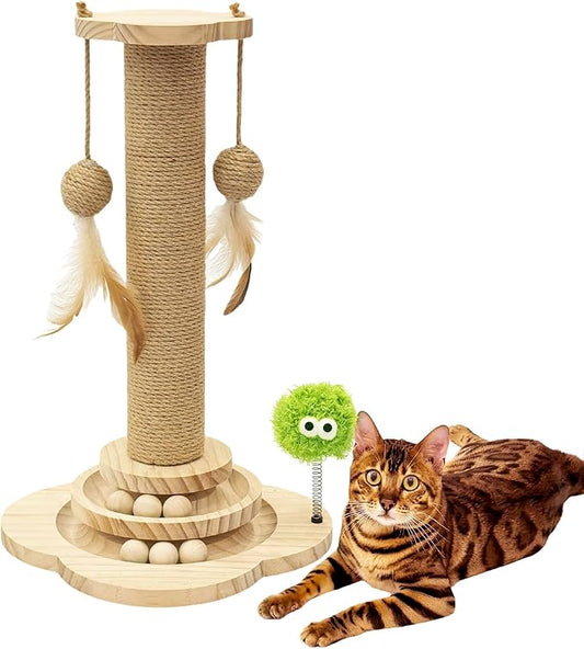 TINYBEAST Wooden Cat Scratching Post, 4 in 1 Cat Scratcher Toy with Cat Ball Tracks, 18" Tall Sisal Scratch Post for Indoor Kittens Adult Cats, Interactive Feather Toy and 2 Sisal Hanging Balls