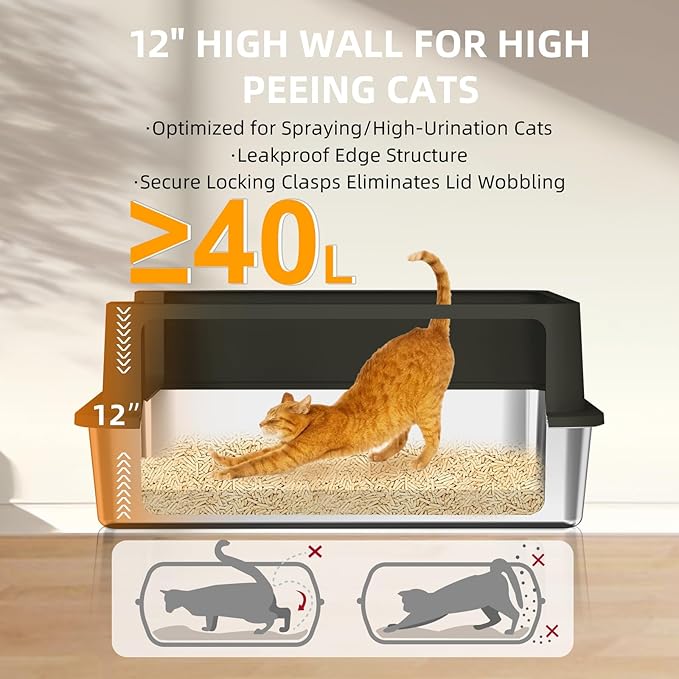 Stainless Steel Litter Box - 28" Extra Large XXXL Cat Litter Box with High Sides, Non-Sticky & Anti-Leakage for Big Cats/Multiple Cats, Includes Heavy Duty Metal Scoop (Black)