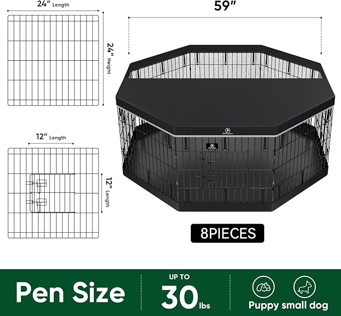 PJYuCien Dog Playpen, 8 Panels 24’’H Dog Pens Indoor with Bottom Pad and Top Cover, Metal Foldable Pet Puppy Exercise Fence Crate Kennel, Better for Small Animals,Black