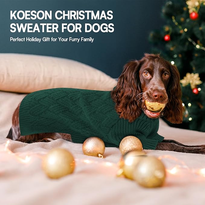 KOESON Large Dog Sweater, Warm Christmas Dog Sweaters for Large Dogs, Cable Knit Sweater for French Bulldog, Pug, Corgi, Boston Terrier, Easy On Xmas Sweaters for Dogs, Green, L