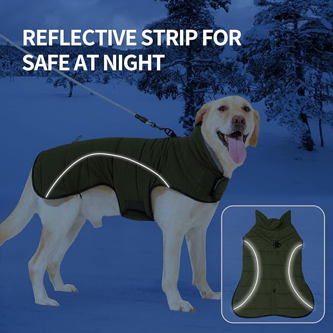 HEYWEAN Dog Winter Coat - Waterproof Windproof Reflective Vest for Medium & Large Breeds Adjustable Warm FleeceLined Jacket with Magic Tape & D-Ring for Leash Cold Weather Apparel (Green, X-Large)