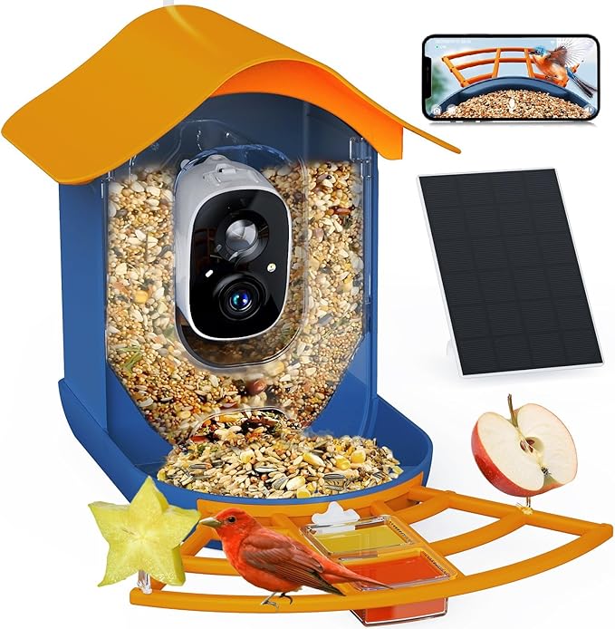 PeckCam® Smart Bird Feeder with Camera 2K HD Auto Detect & Notify, AI Identify 10000+ Birds Camera with Solar Panel 5 Perch Attachments Wireless Outdoor Birdwatching Gift for Birds Lover, Orange