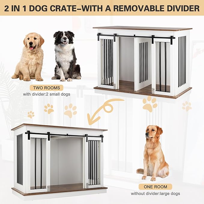 Sunseen Dog Crate Furniture with Divider,Wooden Dog Kennel End Table,Large Breed Dog House Indoor for One Large Dog or Two Small Dogs,Double Doors,47''W*24''D*35''H,White