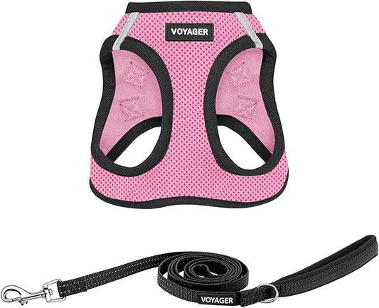 Voyager Step-in Air All Weather Mesh Harness and Reflective Dog 5 ft Leash Combo with Neoprene Handle, for Small, Medium and Large Breed Puppies by Best Pet Supplies - Pink Base,S