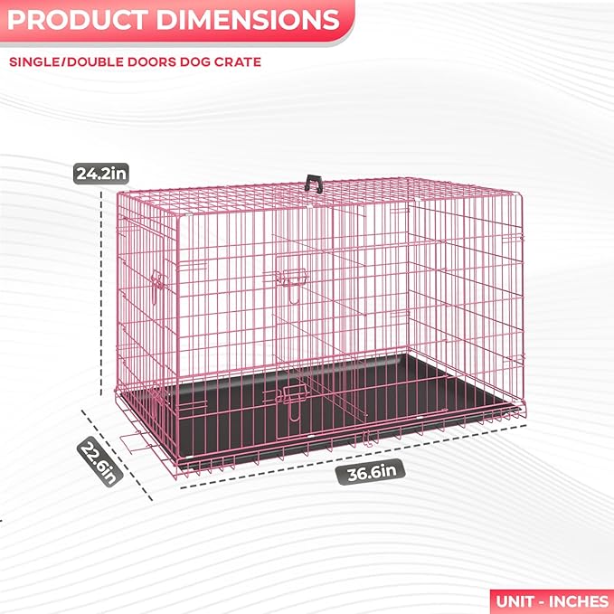 FDW Dog Crate Dog Kennel Cage with Double Door,36 inch Folding Metal Wire Dog Cage with Removable Tray&Divider Panel,Pet Crate for Medium Dogs,Pink