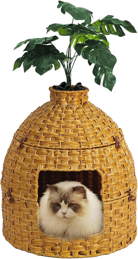 Cat Hidden Litter Box Enclosure Furniture with Artificial Plants,Handwoven Rattan with Cat Litter Box and Real Stones,in Living Room, Bedroom, Corner（Natural）