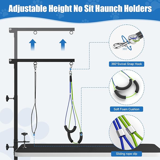 Dog Grooming Arm with Clamp,35" Pet Grooming Hammock Table Arm with Adjustable No Sit Haunch Holders,Dog Grooming Table Stand for Foldable at Home with Loop Noose for Small Dogs and Medium Pets