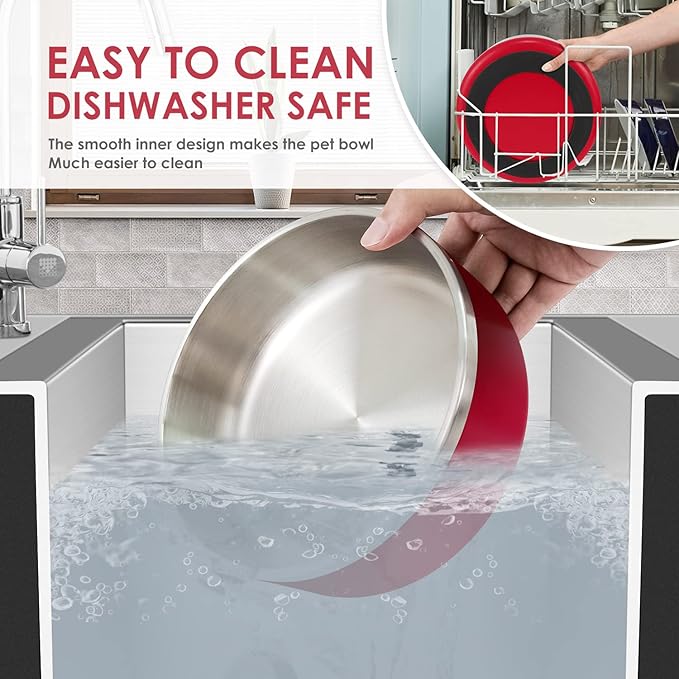 IKITCHEN Dog Bowl for Food and Water, 64 Oz Stainless Steel Pet Feeding Bowl, Durable Non-Skid Double Wall Insulated Heavy Duty with Rubber Bottom for Medium Large Dogs (64 Ounces/8 Cup, Red)