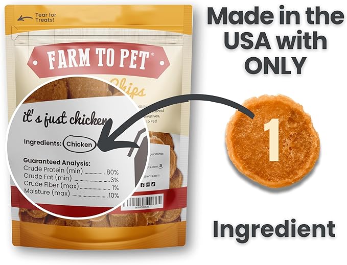 Farm To Pet - Dog Training Treats - Chicken Chips, Single Ingredient - 4 oz, Lean, All Natural, Healthy Dog Treats for Small, Medium, Large Breeds, & Puppies, Made in USA