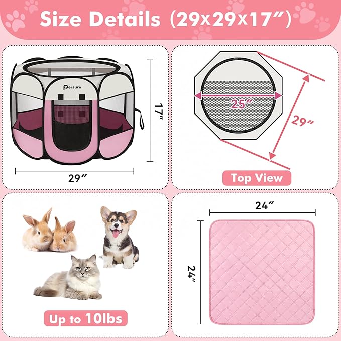 Dog Cat Playpen Indoor Outdoor for Puppy Pet Dogs Cat Recovery After Surgery, Dog Tent Crates Cage Indoor/Outdoor, Portable Pop Up Kennel with Carrying Case for Travel (Pink with Pad, Small)