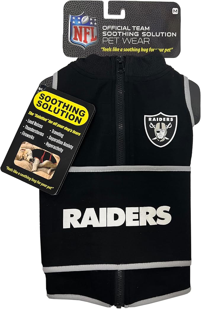 NFL LAS Vegas Raiders Dog Anxiety Shirt Calming Soothing Solution Vest, for Dogs & Cats with Anxiety, Fears, Fireworks, Loud Noises, Dark, Lonely Keeps Dogs Calm Feeling Safe, Relaxing Jacket, Medium