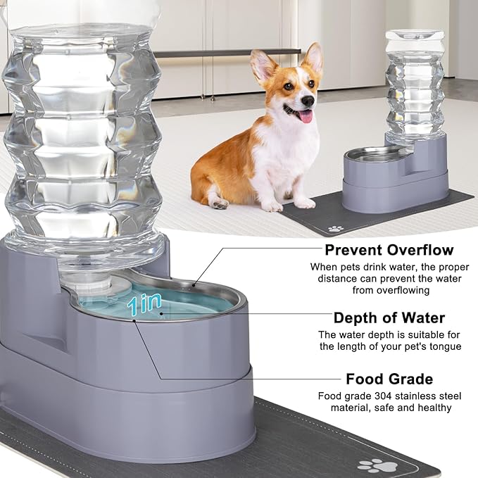 RIZZARI Large Water Dispenser for Dogs: 8L Gravity Gray Automatic Stainless Steel Waterer - 100% BPA Free - Raised Pet Feeder for 20-42 LB Senior Dogs with Joint Pain in Bedroom Garden