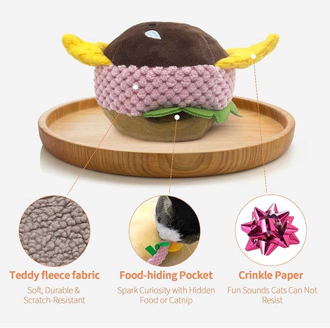 Cat Toy Burger Shape, Fun Kick and Toss Catnip Toy with Crinkle Sound, Includes Catnip & Silvervine Powder (5g+5g) + 5 Reusable Pouches, Gift for Indoor Cats