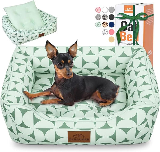 Rectangle Cat Dog Bed for Large Medium Small Pets Indoor Outdoor Machine Washable Sleeping Sofa Non-Slip Bottom Soft Puppy Bed Durable Orthopedic Calming Pet Cuddler (Medium, Green Pattern)