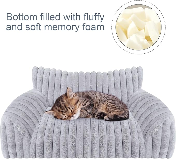 Cute Cat Couch Bed for Indoor Cats, Fluffy Pet Cat Sofa with Premium Soft Corduroy Fleece, Cute Small Dog Beds for Small Dogs, Fuzzy Puppy Chair with Removable Washable Cover (30x20x10,Grey)