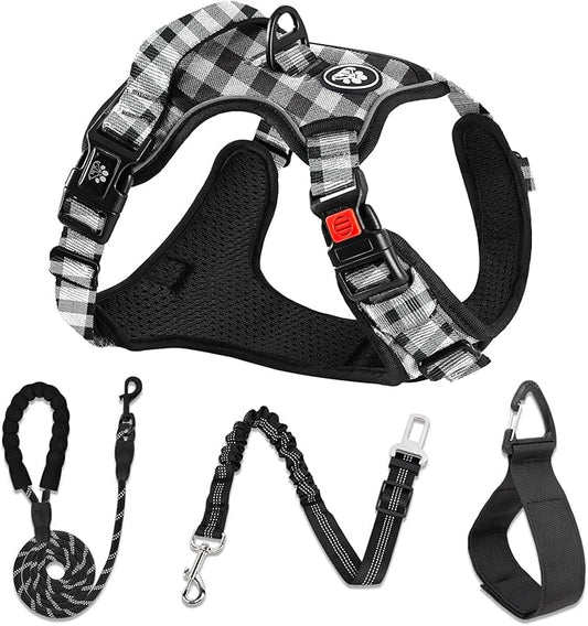 NESTROAD No Pull Dog Harness with Leash, Reflective No Choke Pet Vest Harness,Adjustable Soft Padded Dog Harness with Easy Control Handle for Large Dogs(Checkered Black,X-Large)