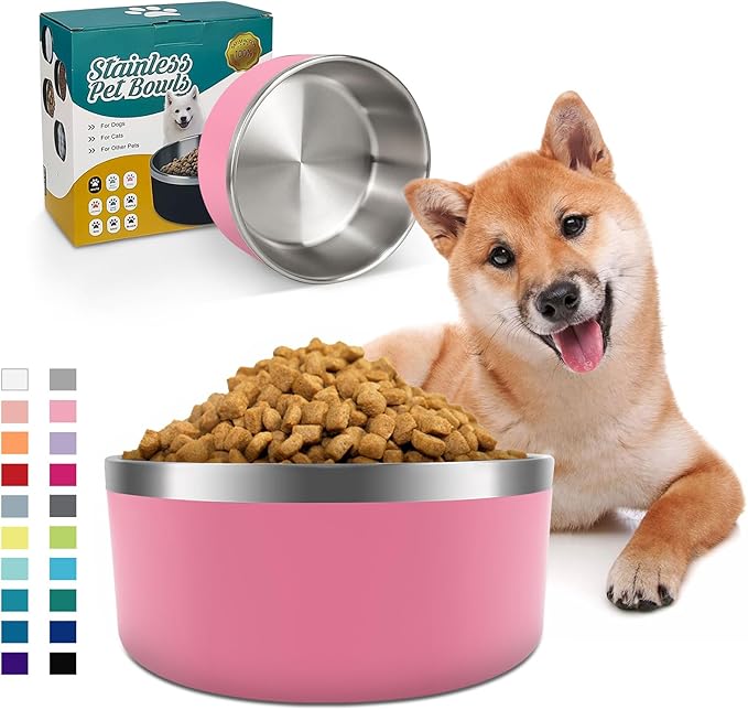 IKITCHEN Dog Bowl for Food and Water, 64 Oz Stainless Steel Pet Feeding Bowl, Durable Non-Skid Double Wall Insulated Heavy Duty with Rubber Bottom for Medium Large Dogs (64 Ounces/8 Cup, Pink)