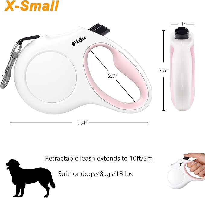 Fida Retractable Dog Leash with Dispenser and Poop Bags, 10 ft Pet Walking Leash for X-Small Dog or Cat up to 18 lbs, Anti-Slip Handle, Tangle Free, Reflective Nylon Tape (XS, White)