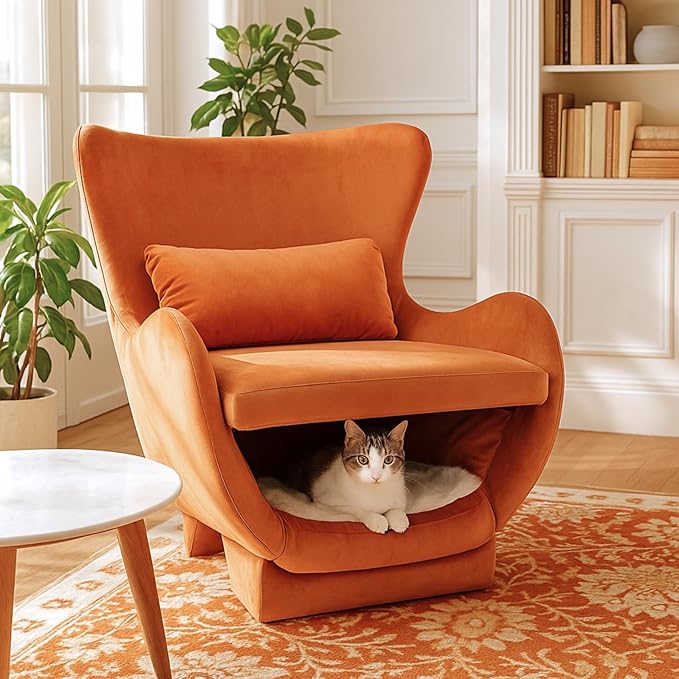 Velvet Chair with Cat Bed for Cats Lover, Pet-Friendly Wing Back Single Sofa with Pet Nest for Living Room, Orange.