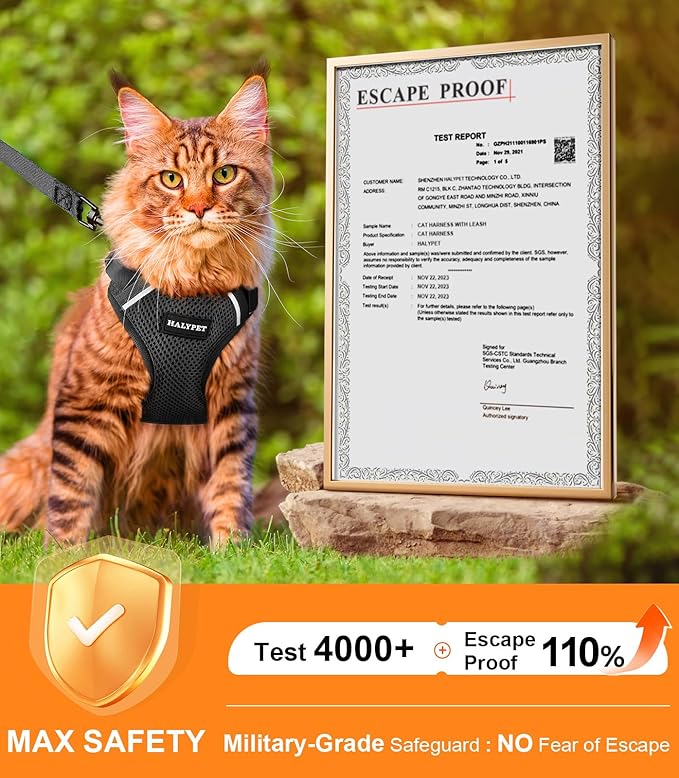 Halypet Cat Harness and Leash Set [ MAX Safety Third Generation ] Escape Proof Soft Adjustable Cat Leash Breathable Comfortable Vest Easy to Wear Kitten Harness for Outdoor Walking Black Small