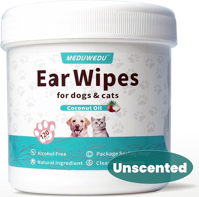 Ear Cleaner Wipes 120 Counts, Dog Ear Cleaner, Grooming Kit Care for Dogs and Cats, Soft & Easy Otic Cleaning Pads, Remove Wax, Dirt & Stop Smelly, Itchy, Non-Irritating, Unscented