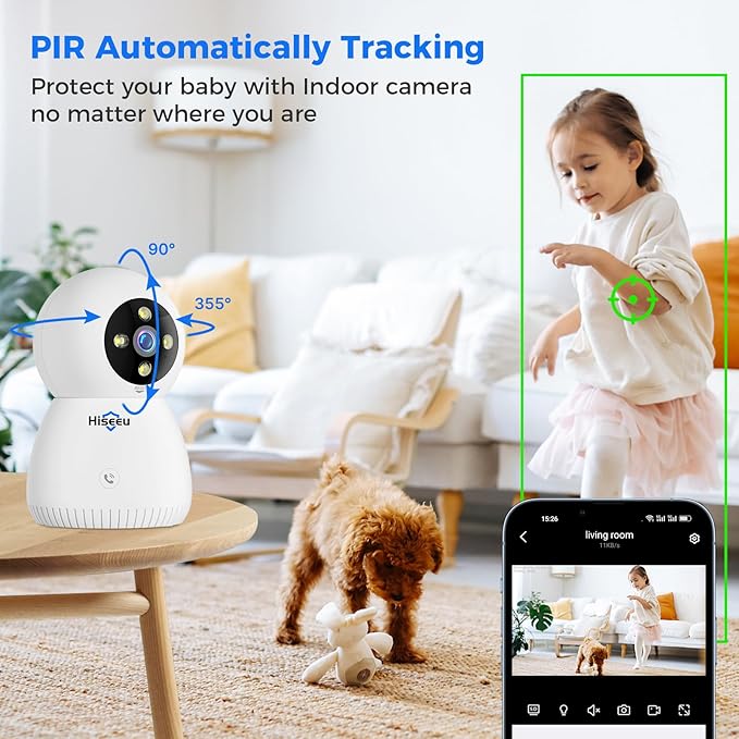 Hiseeu Indoor Security Camera, 2.4G/5G 5MP Baby Monitor Pet Camera for Home Security, PTZ 360°, Auto Tracking, 2 Way Audio, Night Vision, Humanoid Detection, No Monthly Fee, 2PCS