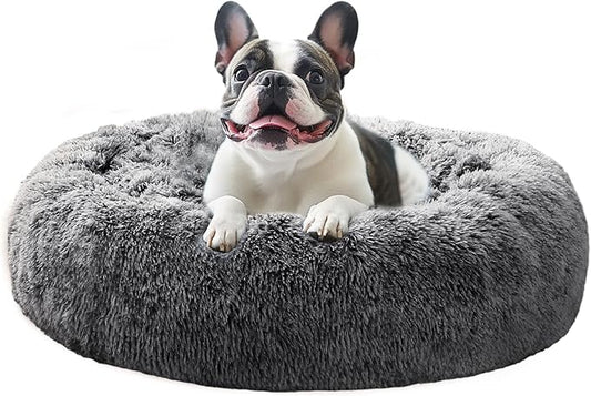 JOLLYVOGUE Medium Calming Dog Bed, Anti-Anxiety Donut Cuddler Cat Bed with Anti-Slip Bottom, Fluffy Faux Fur Machine Washable Pet Cushion for Medium Large Dog & Cat, 31"/Smoke Black