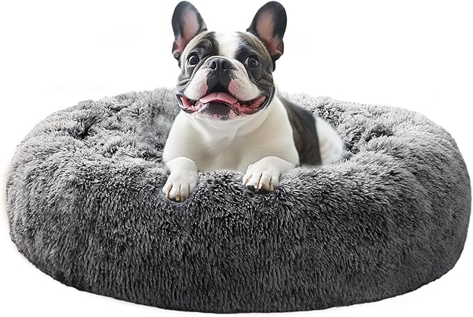 JOLLYVOGUE Medium Calming Dog Bed, Anti-Anxiety Donut Cuddler Cat Bed with Anti-Slip Bottom, Fluffy Faux Fur Machine Washable Pet Cushion for Medium Dog & Cat, 27"/Smoke Black