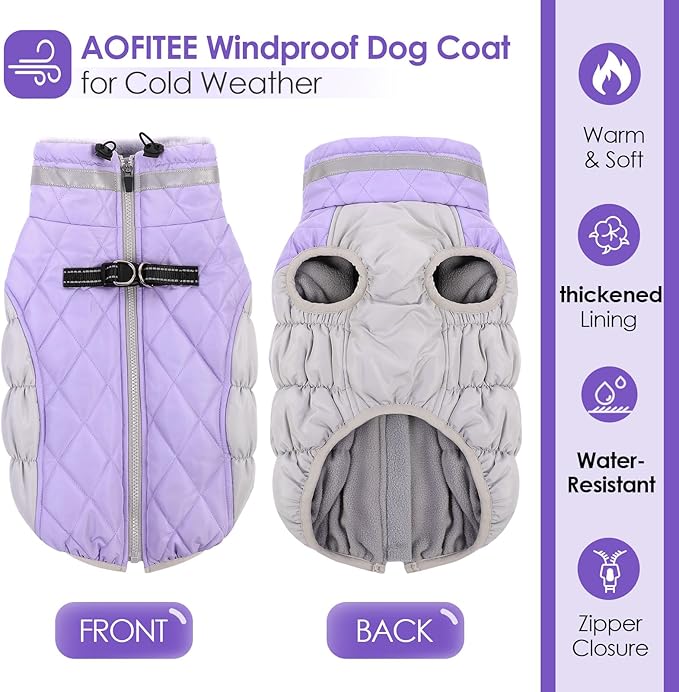 AOFITEE Dog Coat, Warm Dog Jacket, Reflective Winter Coats for Medium Dogs, Turtleneck Dogs Winter Jacket with Harness Built in, Waterproof Windproof Pet Fleece Vest Puffer Jacket, Lilac M