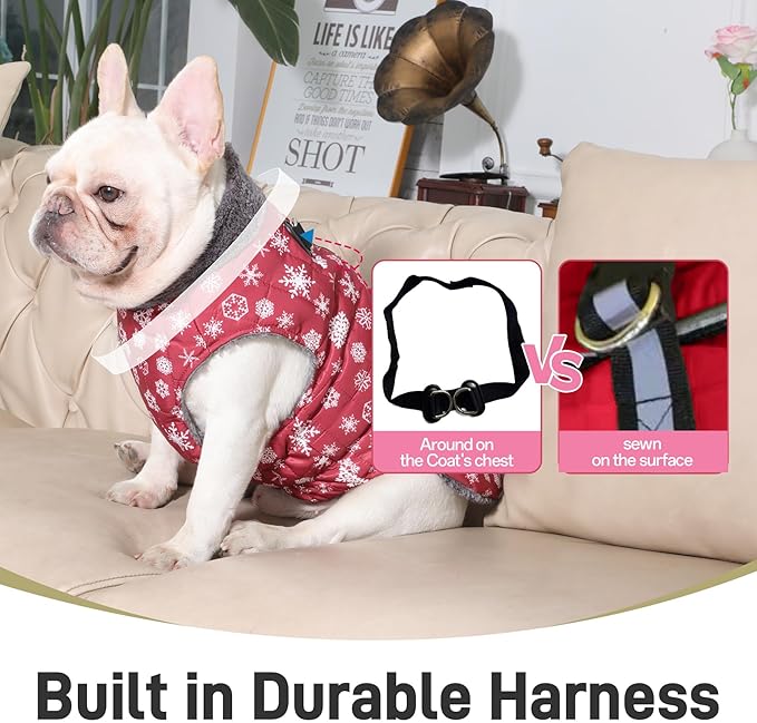 Warm Fleece Dog Coats with Durable Harness Buitl in D-Ring,Waterproof Puppy Jacket for Small Dogs,Dog Vest for Cold Winter,Red,Snow Pattern S