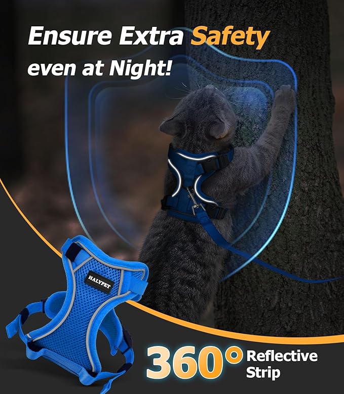 Halypet Cat Harness and Leash Set [MAX Safety 4th-Gen Upgrade] Escape Proof Adjustable Cat Leash Comfortable Soft Vest Easy to Wear Kitten Harness with Reflective Strip for Cats Walking, M Blue