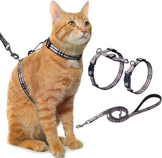Hikiko Cat Harness and Leash Set Escape Proof Adjustable Walking Travel Soft Kitten Harness for Small Medium Large Cats (Khaki Plaid, S)