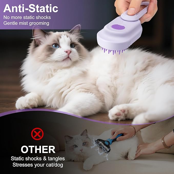 Steam Brush for Cat & Dog – 3-in-1 Spritz Pet Spray Hair Removal Comb for Grooming & Shedding Steam – Water Brush for Long & Short Haired Pets– Includes Two Bottles Waterless Shampoo