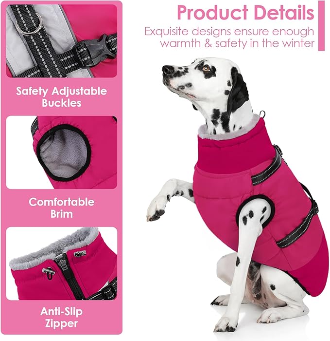 AOFITEE Dog Coats for Large Dogs, Waterproof Dog Winter Jacket with Harness Built in, Warm Large Dogs Coat with Fleece Lined, Zip Up Pets Jackets for Golden Retriever, Weimaraner, Hot Pink 2XL