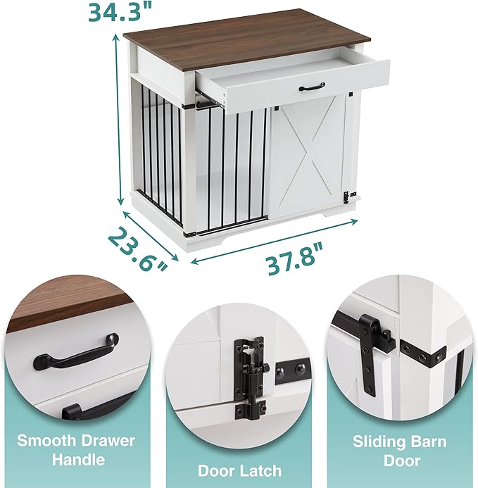 EDYO LIVING 38" Large Dog Crate Furniture with Sliding Barn Door, Wooden Dog Kennel with Drawer for Storage, Water Resistant Indoor Furniture Style Dog Crate for Small/Medium/Large Dog, White