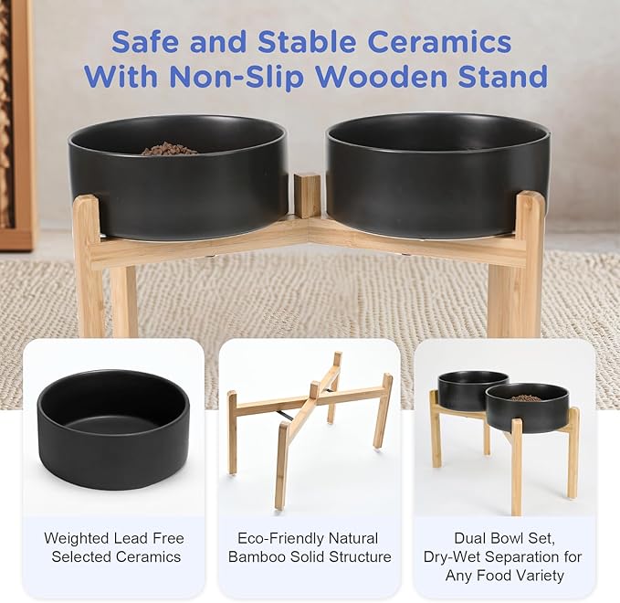 SPUNKYJUNKY Elevated Dog Bowls Ceramic, 8.3'' Dogs Food Water Bowls Raised with Non-Slip Bamboo Stand for Large Sized Breed Microwave Dishwasher Safe - 60 OZ,Black