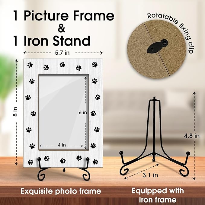 Pet Picture Frame, Pet Paw Print Photo Frame for Dog Cat, Gifts for Pet Owner Pet Lover Wooden Picture Frame, 4"x6" Picture Frame for Tabletop Display, Home Office Desk Decor Shelf Display/XK60
