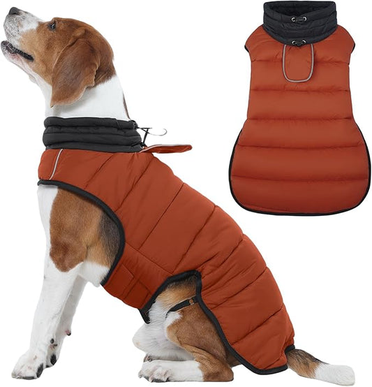 IDOMIK Dog Winter Coat, Warm Waterproof Dog Puffer Jacket with Harness Hole, Adjustable Reflective Snow Jacket Vest with Turtleneck, Pet Cold Weather Coats for Large Dogs,Caramel,XL